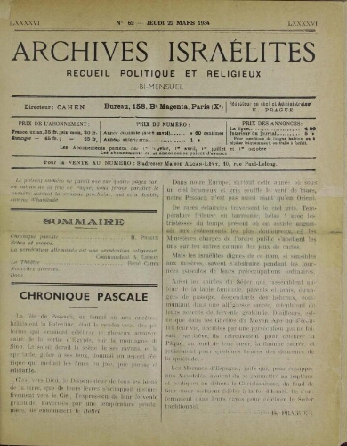 Archives israélites de France. Vol.96 N°62 (22 mars 1934)